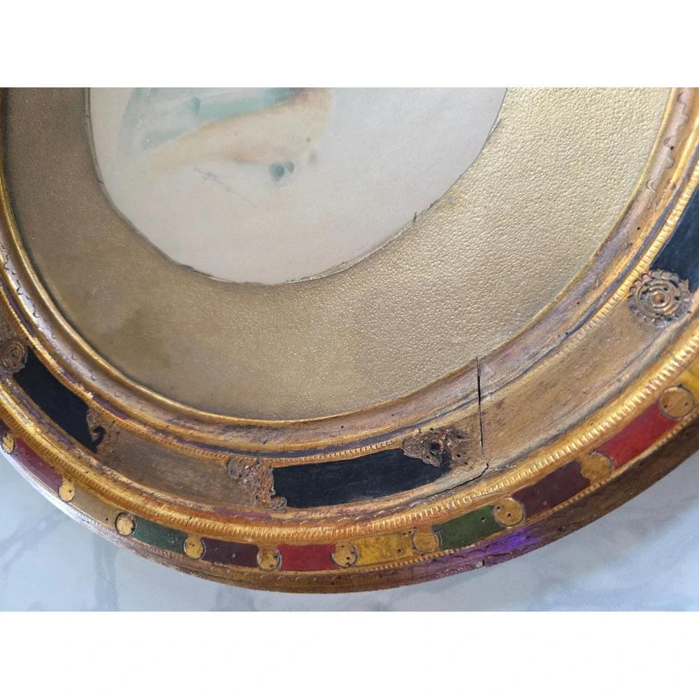 Antique Edwardian Gibson Girl Portrait Miniature Florentine Gilt Round Frame Art